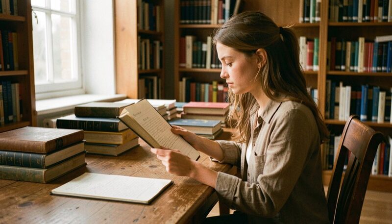 A young woman psychologist seen from the side at a long wooden library table, reading a thick bound report, stacked hardback volumes and an open handwritten notebook beside her, warm afternoon window light