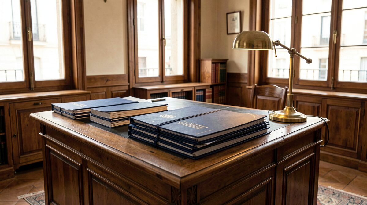 Interior de un despacho de psicología forense en Madrid: mesa de madera con informes periciales encuadernados, lámpara de latón y luz de mañana por ventanales altos.